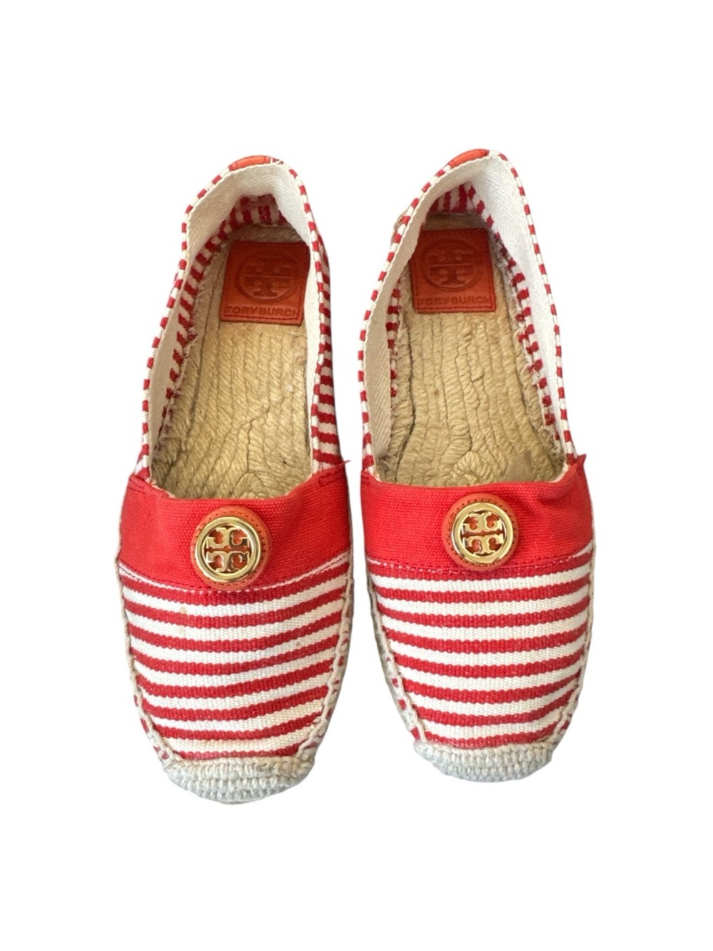 Tory Burch Beacher Espadrille Stripe Flats Red White Canvas Size 7